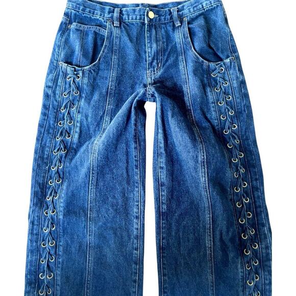 Y2K LACE UP JEANS JOGGERS GRUNGE STREETWEAR BEADED TOP SHIRT BUNDLE M/L - Picture 3 of 8